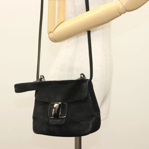 Salvatore Ferragamo Hand Bag Suede Black Silver Auth - Picture 1 of 16